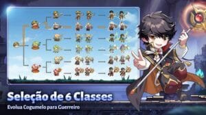 heróis de todas as classes de Legend of Mushroom — Guerreiro, Mago, Arqueiro, Sacerdote e Assassino