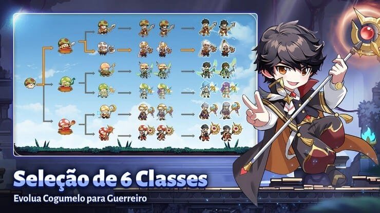 heróis de todas as classes de Legend of Mushroom — Guerreiro, Mago, Arqueiro, Sacerdote e Assassino