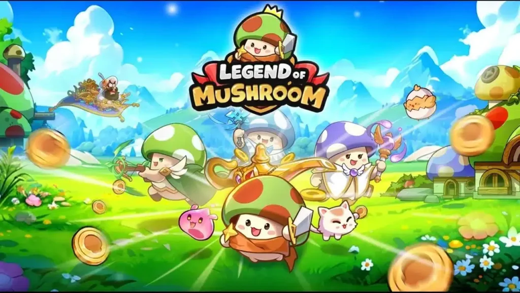 Imagem colorida do jogo Legend of Mushroom, mostrando um cogumelo guerreiro em um cenário de floresta mágica, com monstros fofos e elementos de fantasia.